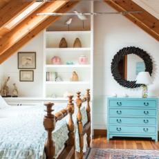 The Seagull Room includes Jenny Lee-Katz fabric bedding; Pillars supplied much of the decor