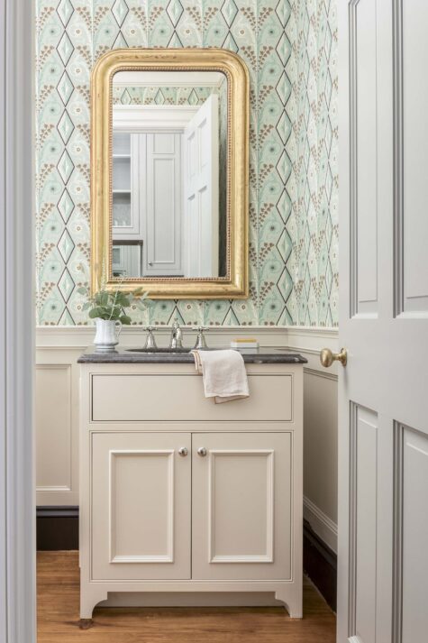 powder room and mirror above
