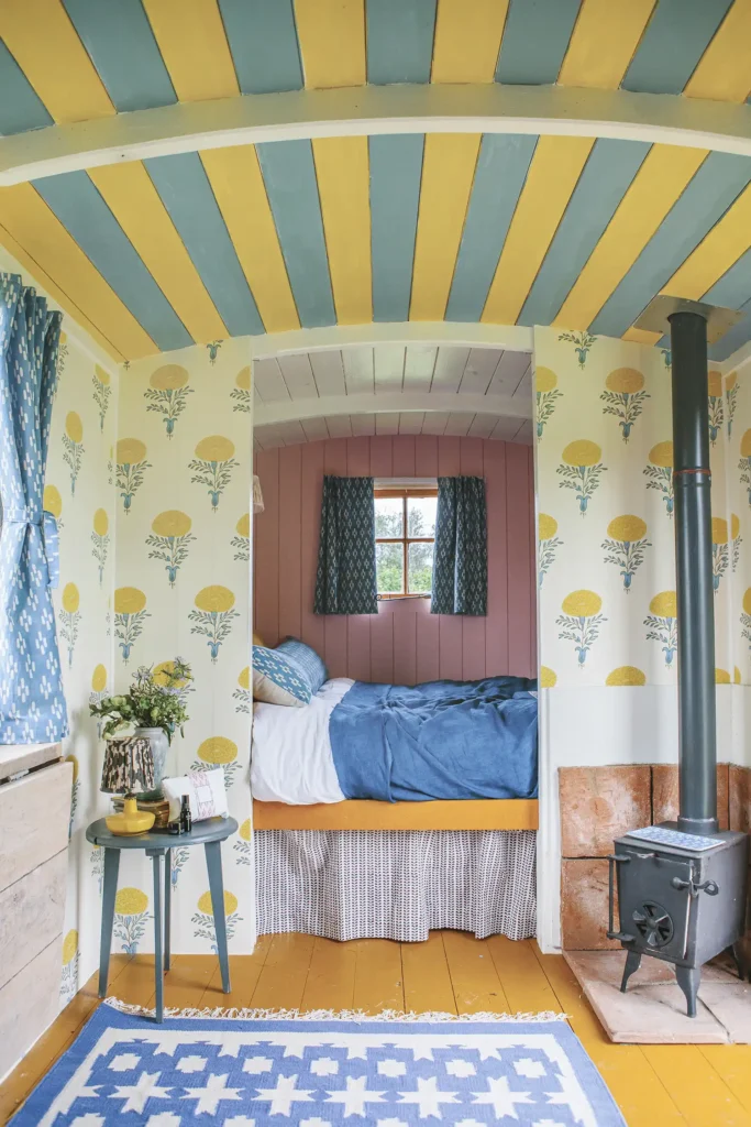 Molly Mahon’s striped/block-printed hut interior