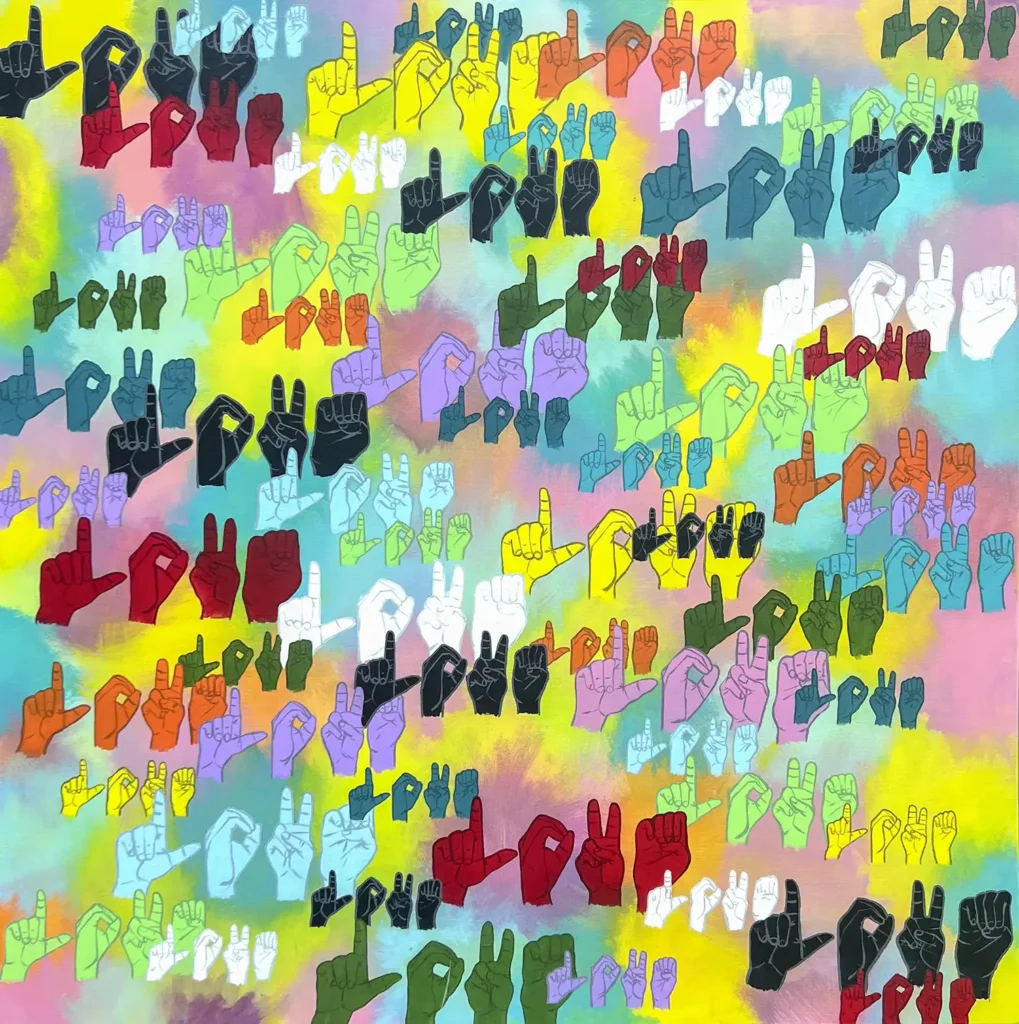 Nieves Perez Besu, ASL is More Than Letters, Acrylic on canvas,
48 x 48 inches, 2019.