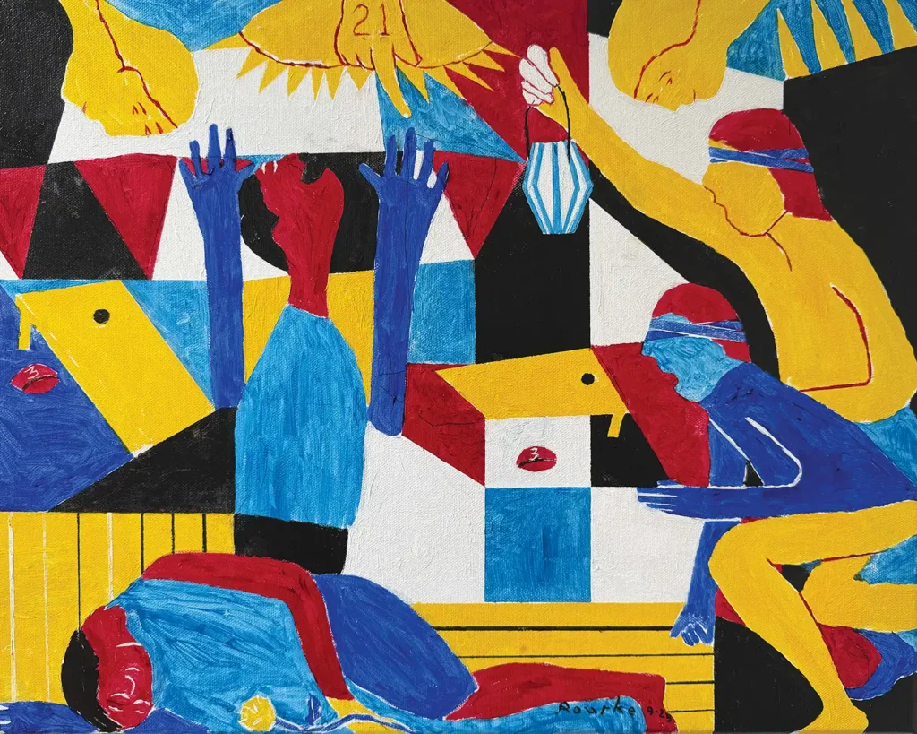 Nancy Rourke, Reclaiming Cornhole (a la Guernica), oil on canvas,16 x 20 inches, 2025.